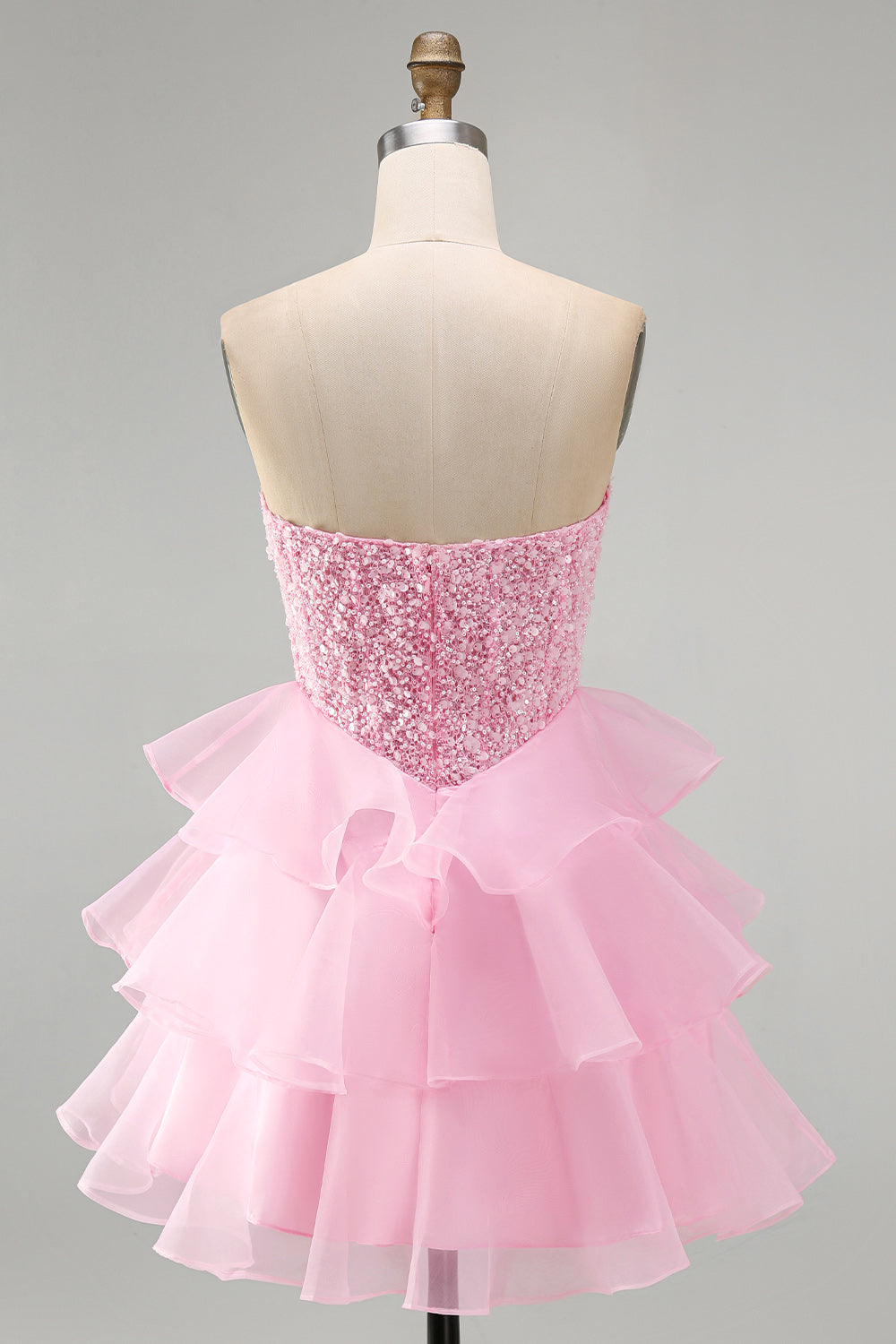 Pink Sparkly Sequins Strapless Beaded A-Line Ruffled Short Homecoming Dress