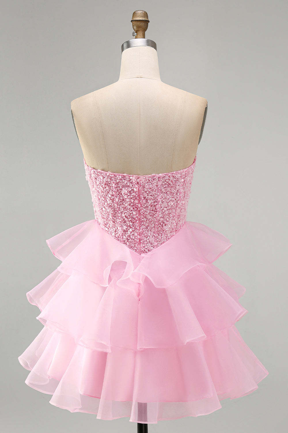 Pink Sparkly Sequins Strapless Beaded A-Line Ruffled Short Homecoming Dress