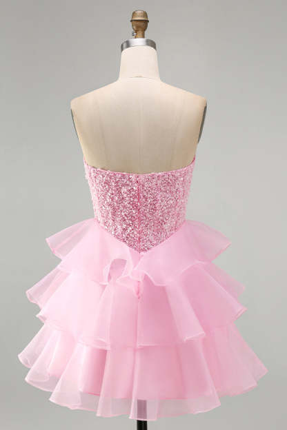 Pink Sparkly Sequins Strapless Beaded A-Line Ruffled Short Homecoming Dress