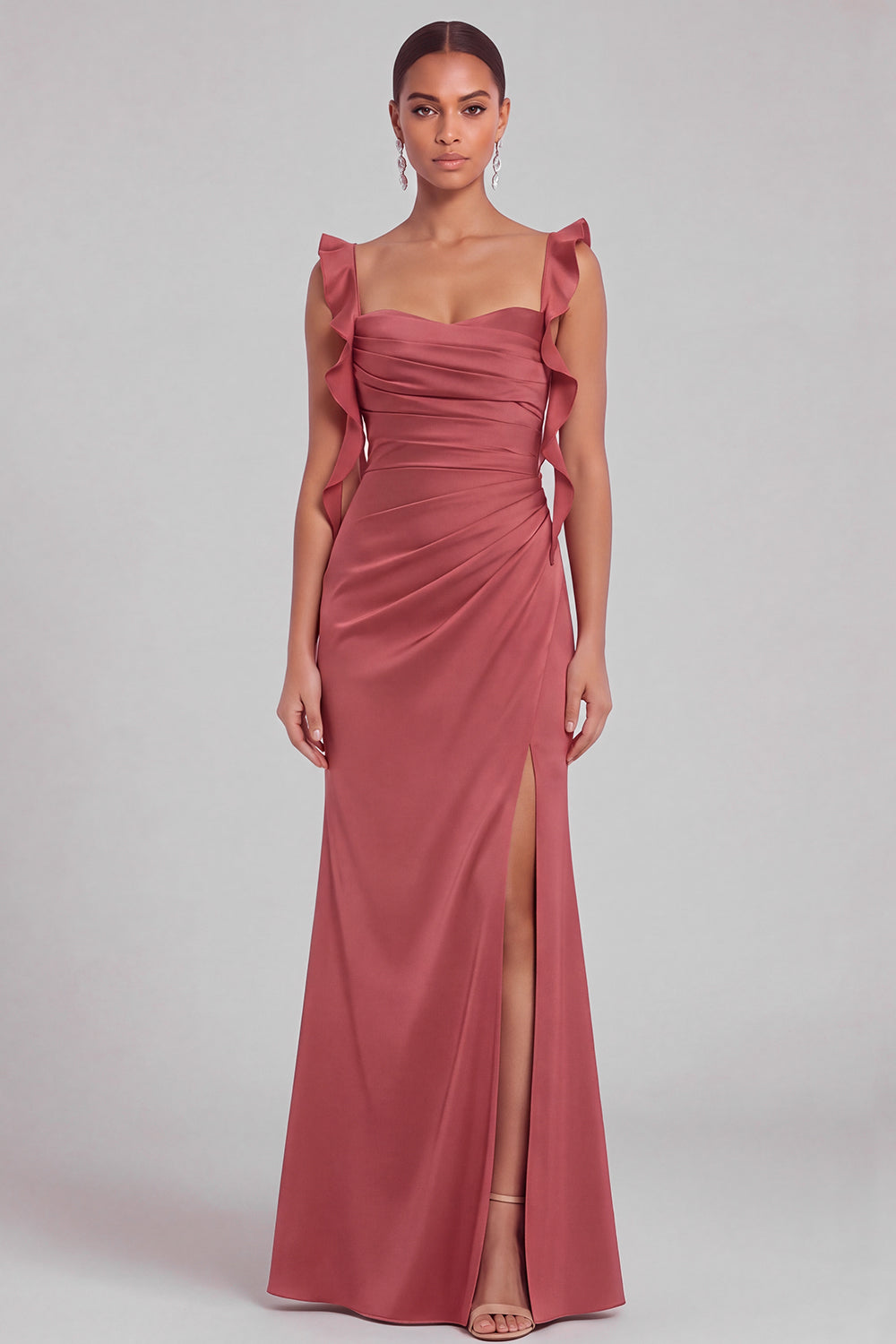 Terracotta Mermaid Square Neck Ruched Maxi Wedding Guest Dress with Ruffles