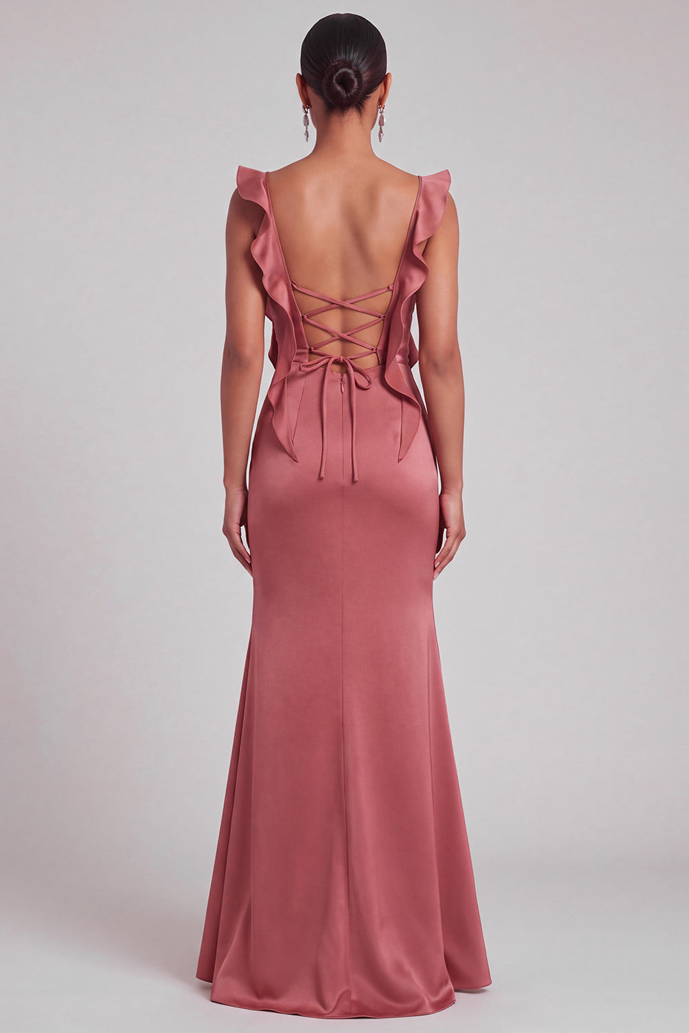 Terracotta Mermaid Square Neck Ruched Maxi Wedding Guest Dress with Ruffles