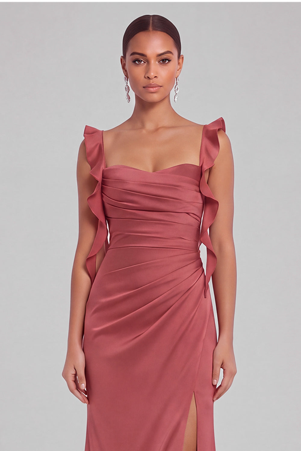 Terracotta Mermaid Square Neck Ruched Maxi Wedding Guest Dress with Ruffles