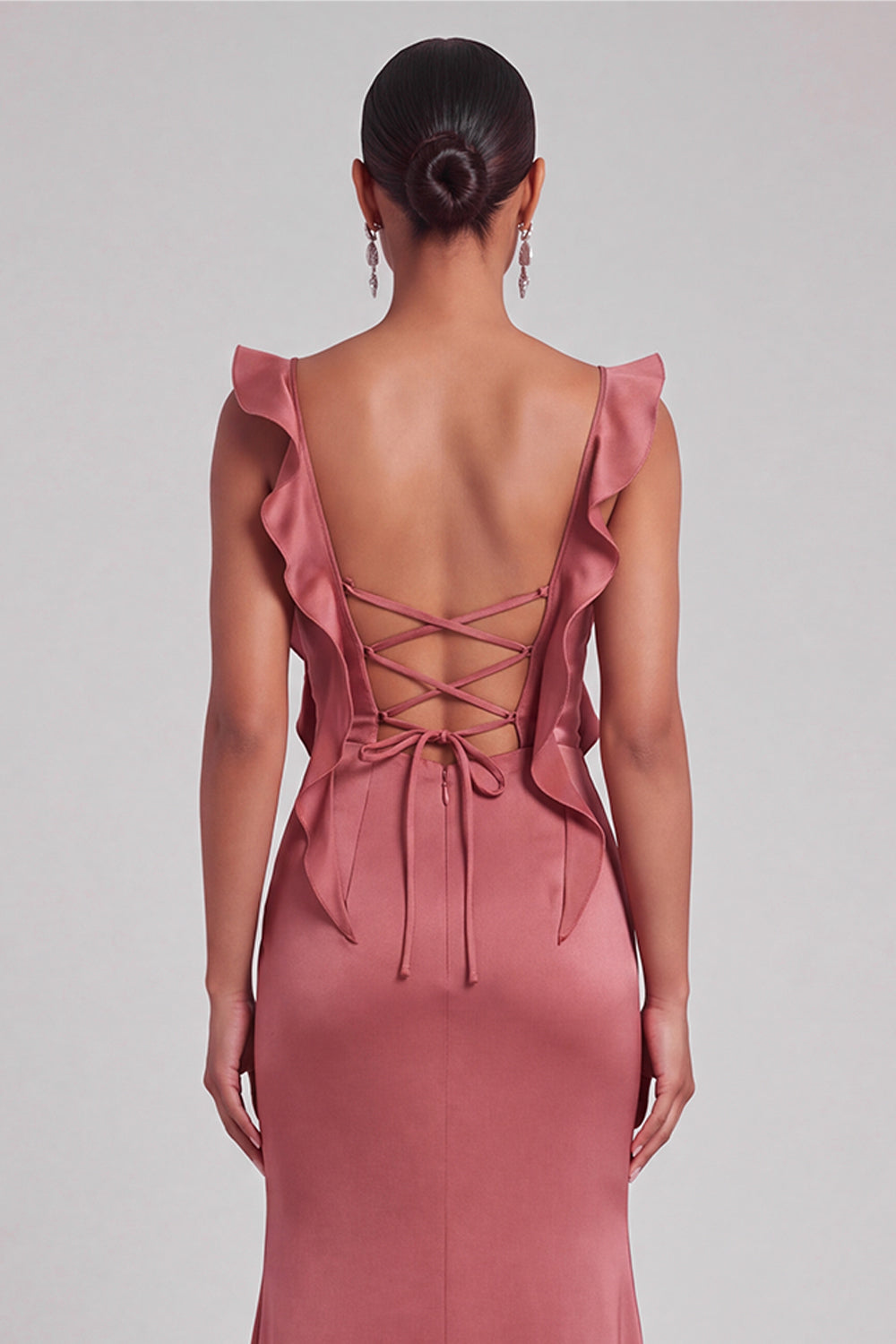 Terracotta Mermaid Square Neck Ruched Maxi Wedding Guest Dress with Ruffles