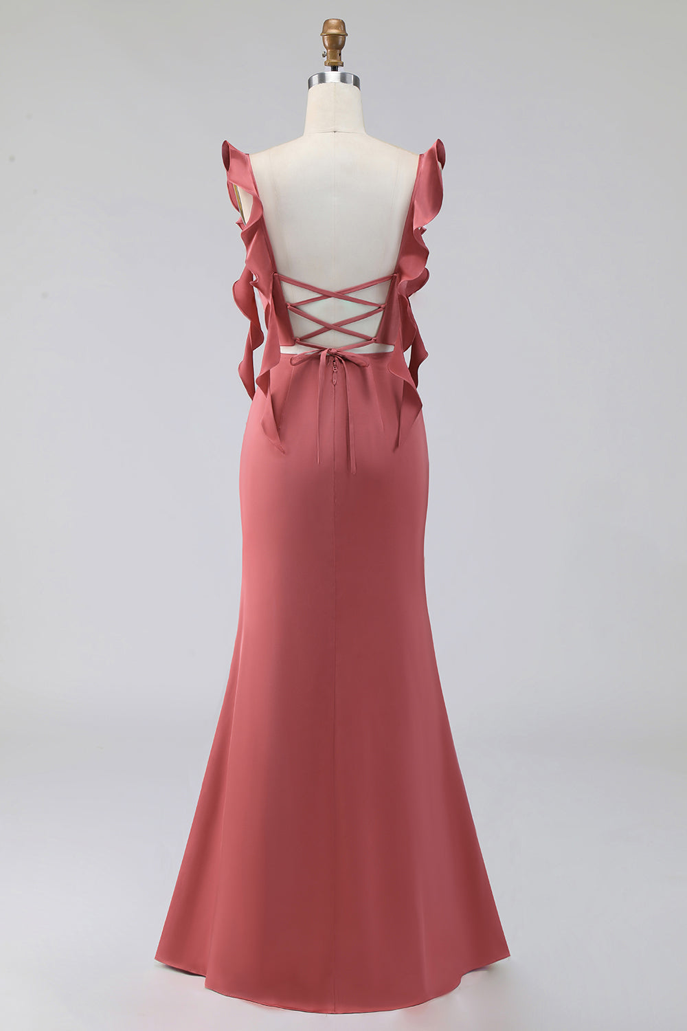 Terracotta Mermaid Square Neck Ruched Maxi Wedding Guest Dress with Ruffles