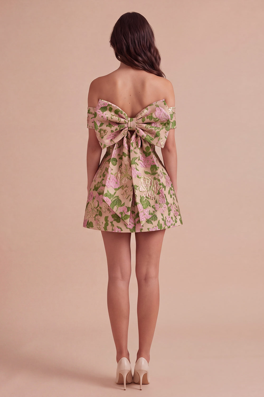 Champagne A-Line Off the Shoulder Floral Short Homecoming Dress with Bow