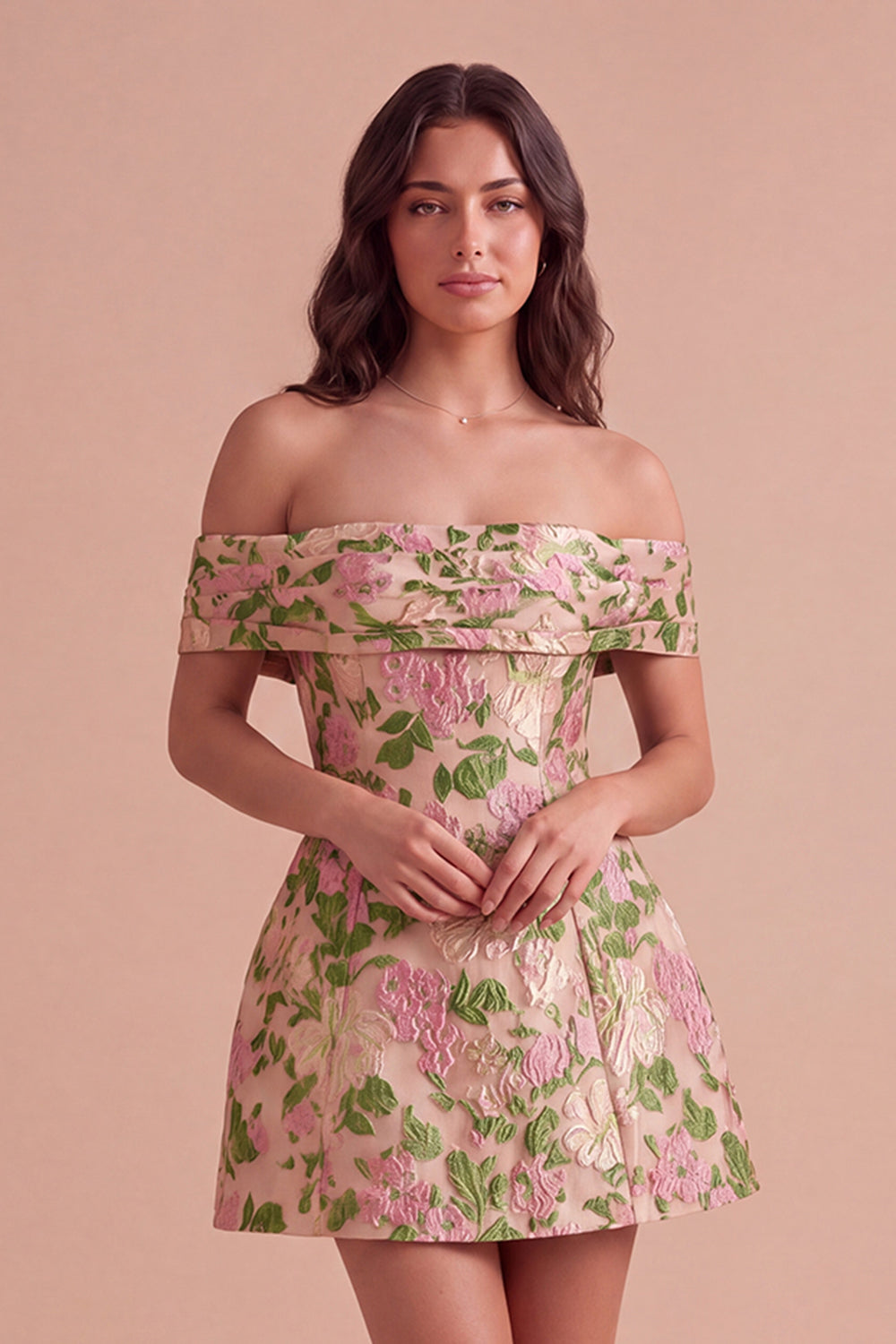 Champagne A-Line Off the Shoulder Floral Short Homecoming Dress with Bow
