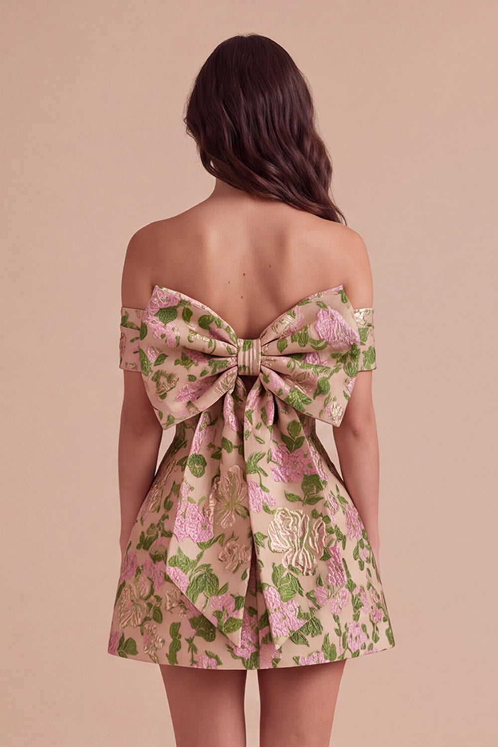 Champagne A-Line Off the Shoulder Floral Short Homecoming Dress with Bow