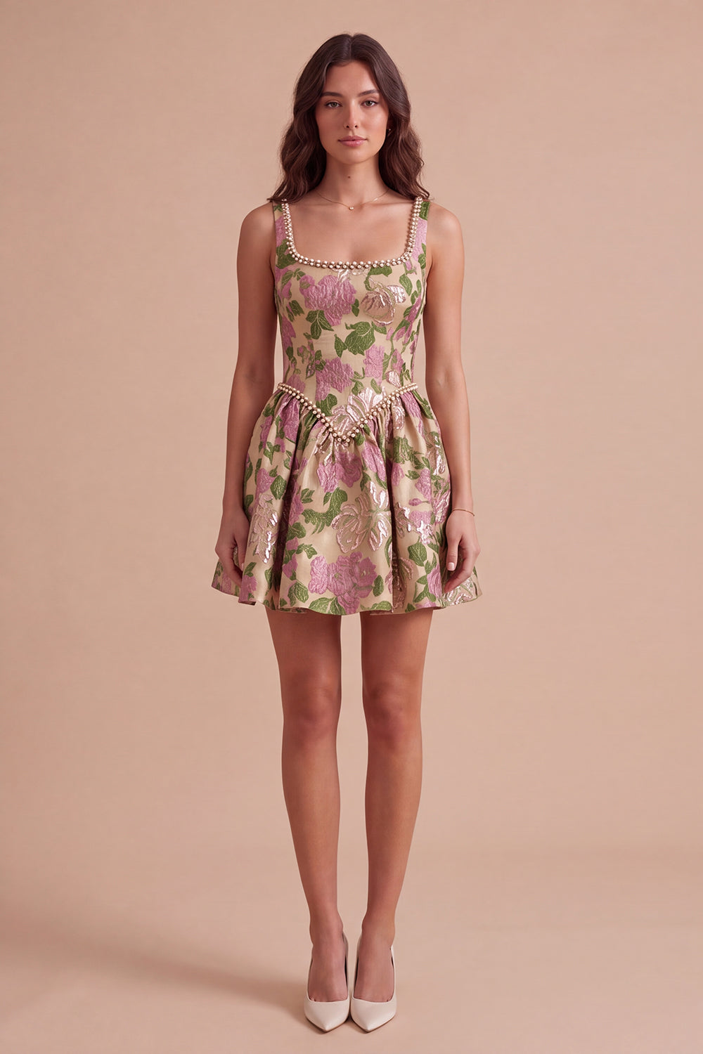 Champagne A-Line Square Neck Jacquard Floral Short Homecoming Dress