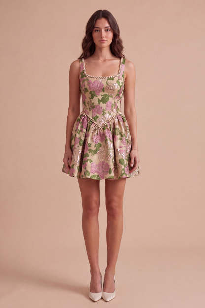 Champagne A-Line Square Neck Jacquard Floral Short Homecoming Dress