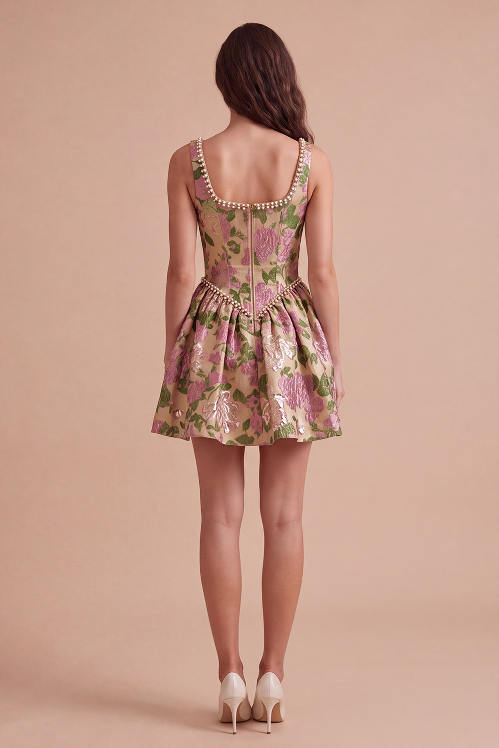 Champagne A-Line Square Neck Jacquard Floral Short Homecoming Dress