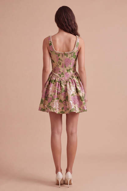 Champagne A-Line Square Neck Jacquard Floral Short Homecoming Dress