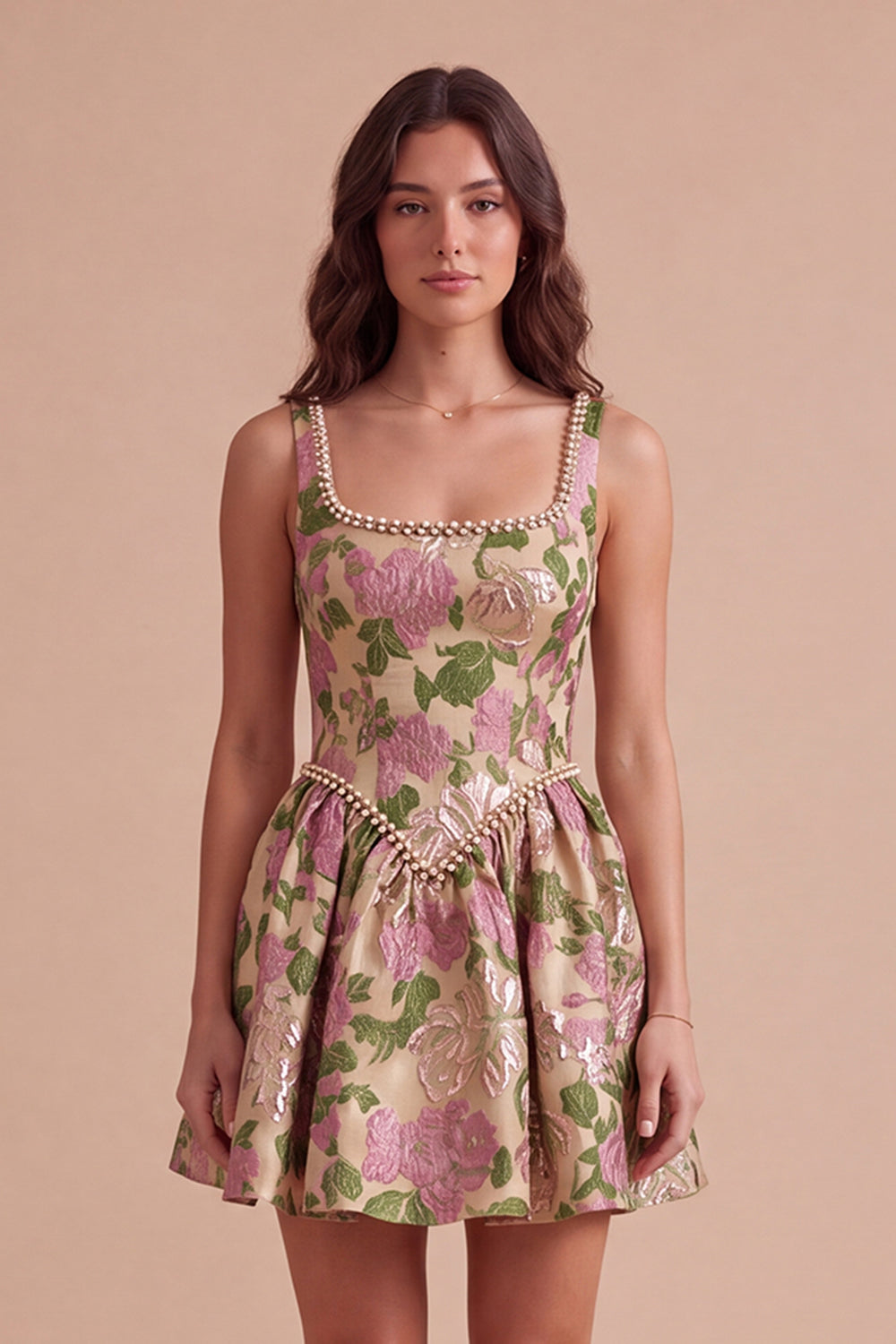 Champagne A-Line Square Neck Jacquard Floral Short Homecoming Dress