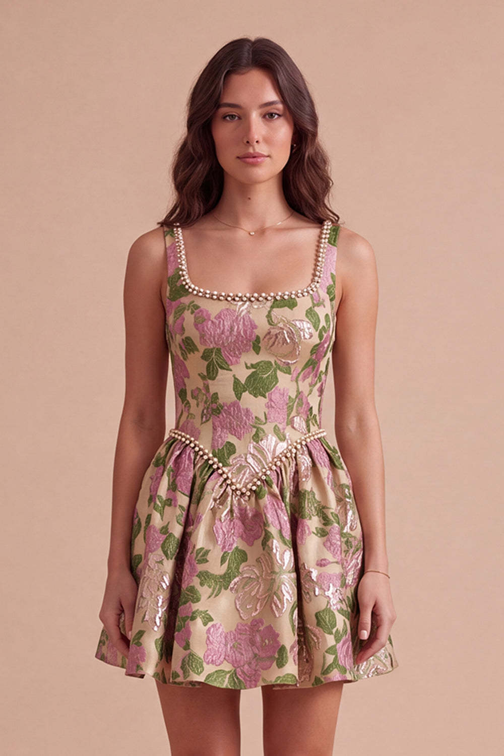 Leely Women Floral Champagne Jacquard Short Homecoming Dress A-Line Square Neck Cocktail Dress with Beading