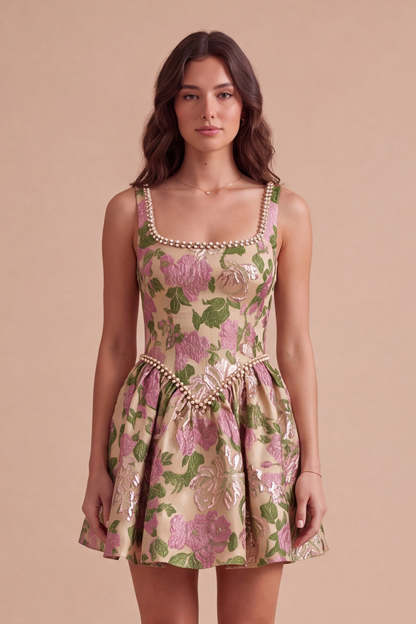 Leely Women Floral Champagne Jacquard Short Homecoming Dress A-Line Square Neck Cocktail Dress with Beading