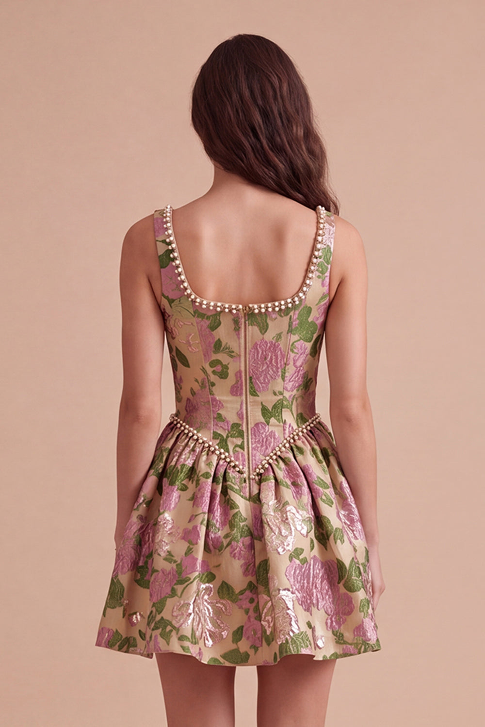 Champagne A-Line Square Neck Jacquard Floral Short Homecoming Dress
