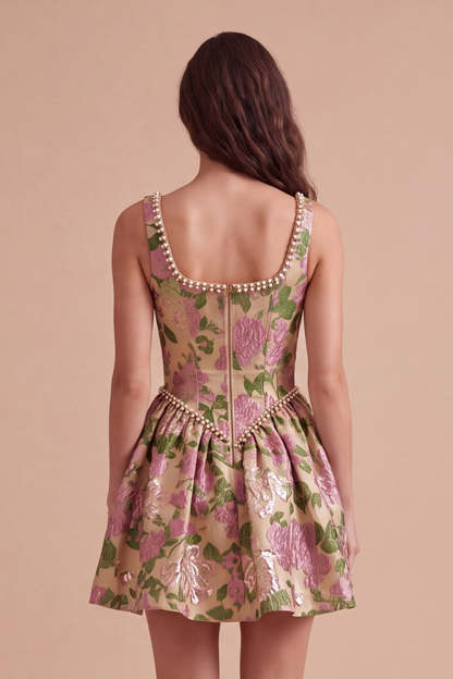 Champagne A-Line Square Neck Jacquard Floral Short Homecoming Dress