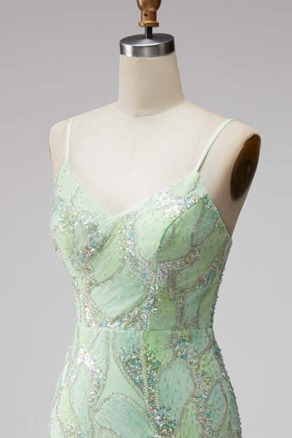Mint Green Sparkly Beaded Bodycon Spaghetti Straps Short Homecoming Dress with Slit