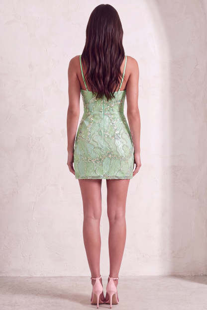 Mint Green Sparkly Beaded Bodycon Spaghetti Straps Short Homecoming Dress with Slit