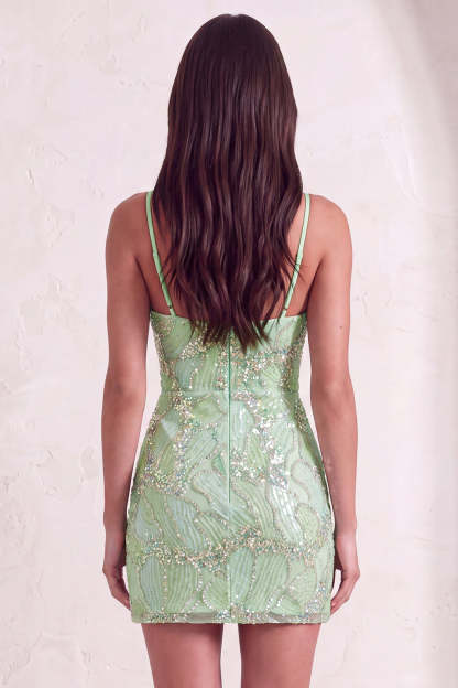 Mint Green Sparkly Beaded Bodycon Spaghetti Straps Short Homecoming Dress with Slit