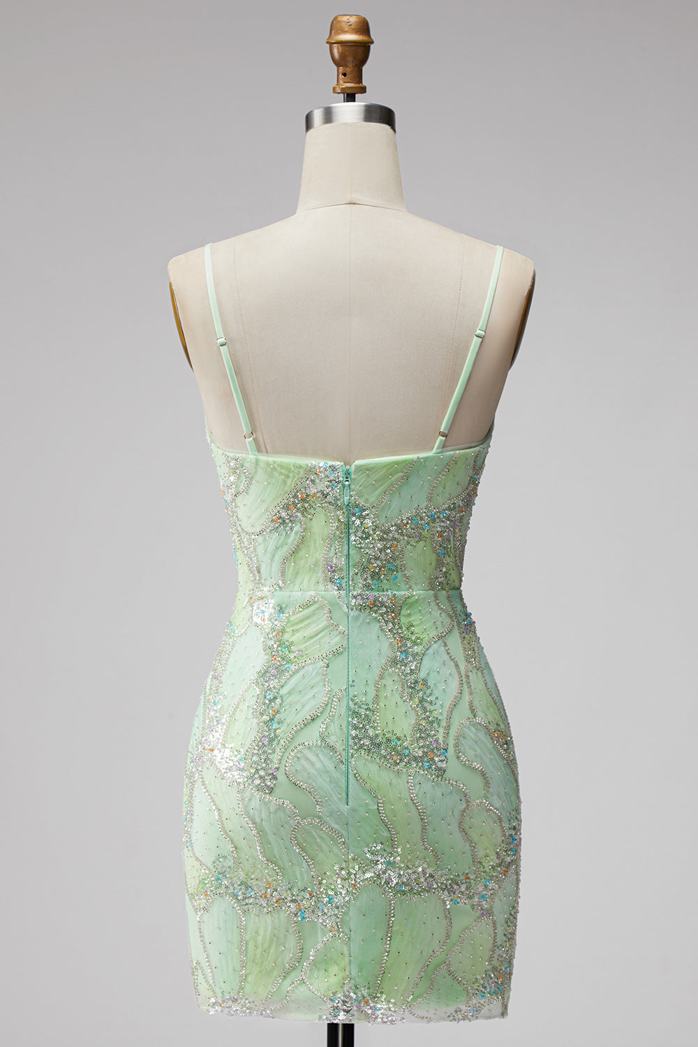 Mint Green Sparkly Beaded Bodycon Spaghetti Straps Short Homecoming Dress with Slit