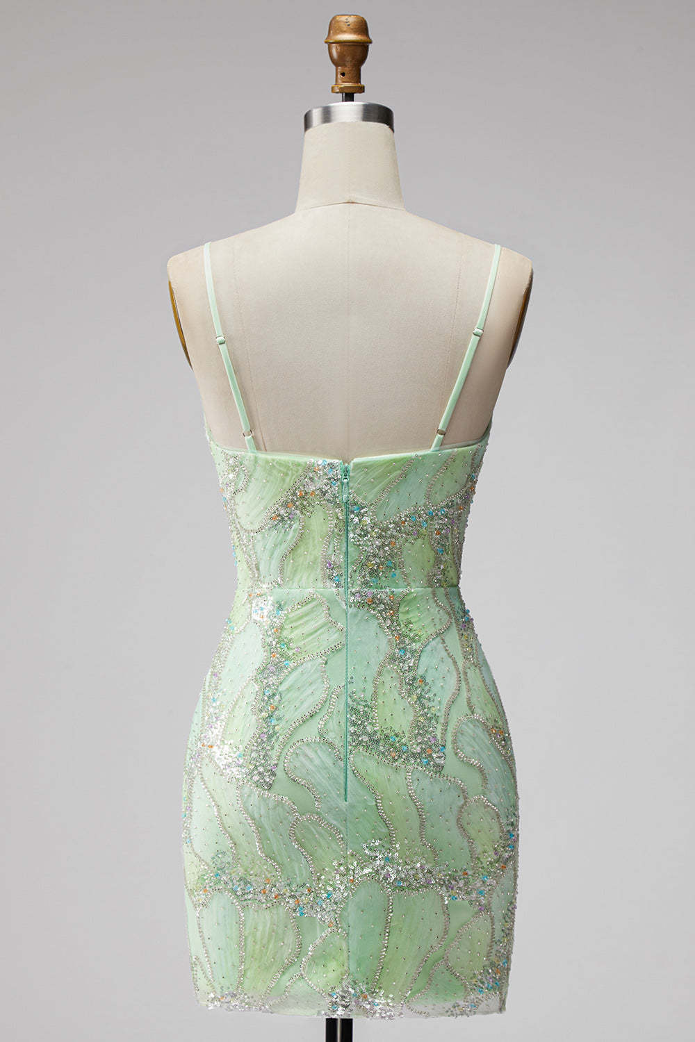 Mint Green Sparkly Beaded Bodycon Spaghetti Straps Short Homecoming Dress with Slit