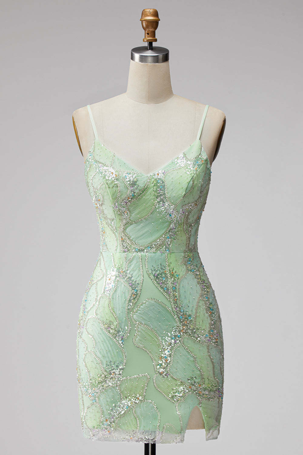 Mint Green Sparkly Beaded Bodycon Spaghetti Straps Short Homecoming Dress with Slit