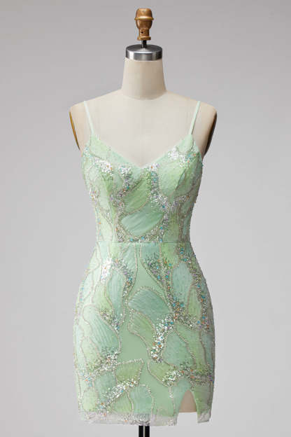 Mint Green Sparkly Beaded Bodycon Spaghetti Straps Short Homecoming Dress with Slit