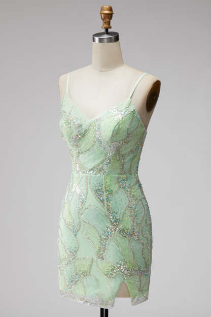 Mint Green Sparkly Beaded Bodycon Spaghetti Straps Short Homecoming Dress with Slit