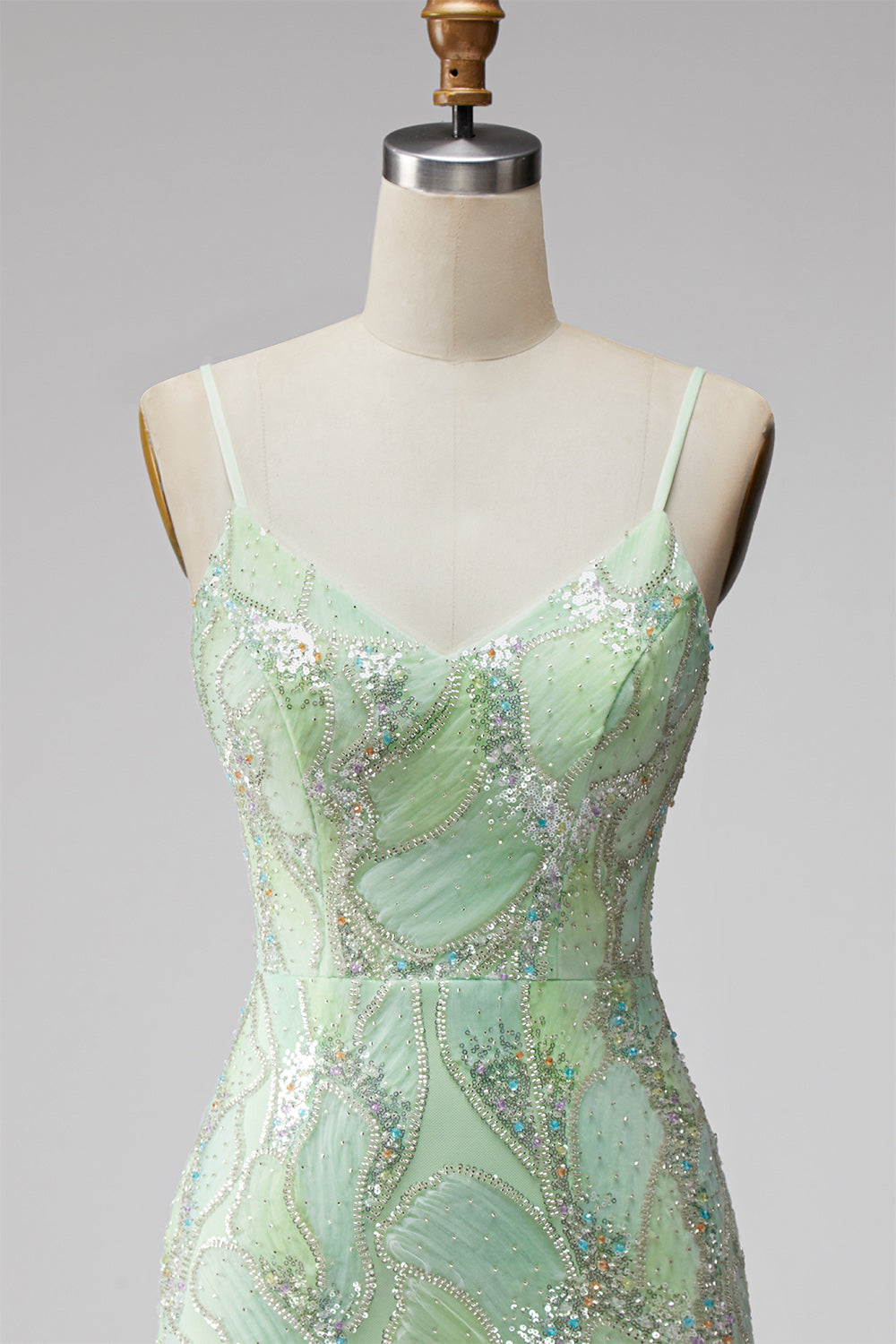 Mint Green Sparkly Beaded Bodycon Spaghetti Straps Short Homecoming Dress with Slit