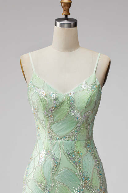 Mint Green Sparkly Beaded Bodycon Spaghetti Straps Short Homecoming Dress with Slit