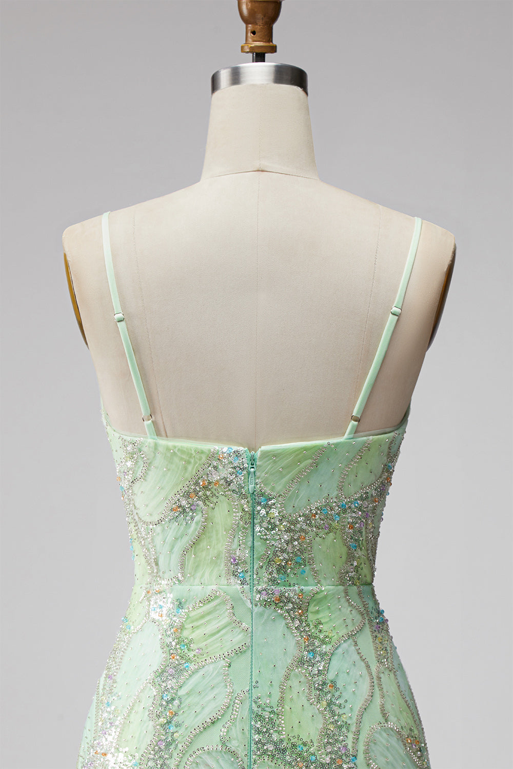 Mint Green Sparkly Beaded Bodycon Spaghetti Straps Short Homecoming Dress with Slit