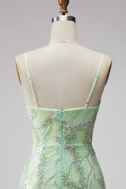 Mint Green Sparkly Beaded Bodycon Spaghetti Straps Short Homecoming Dress with Slit