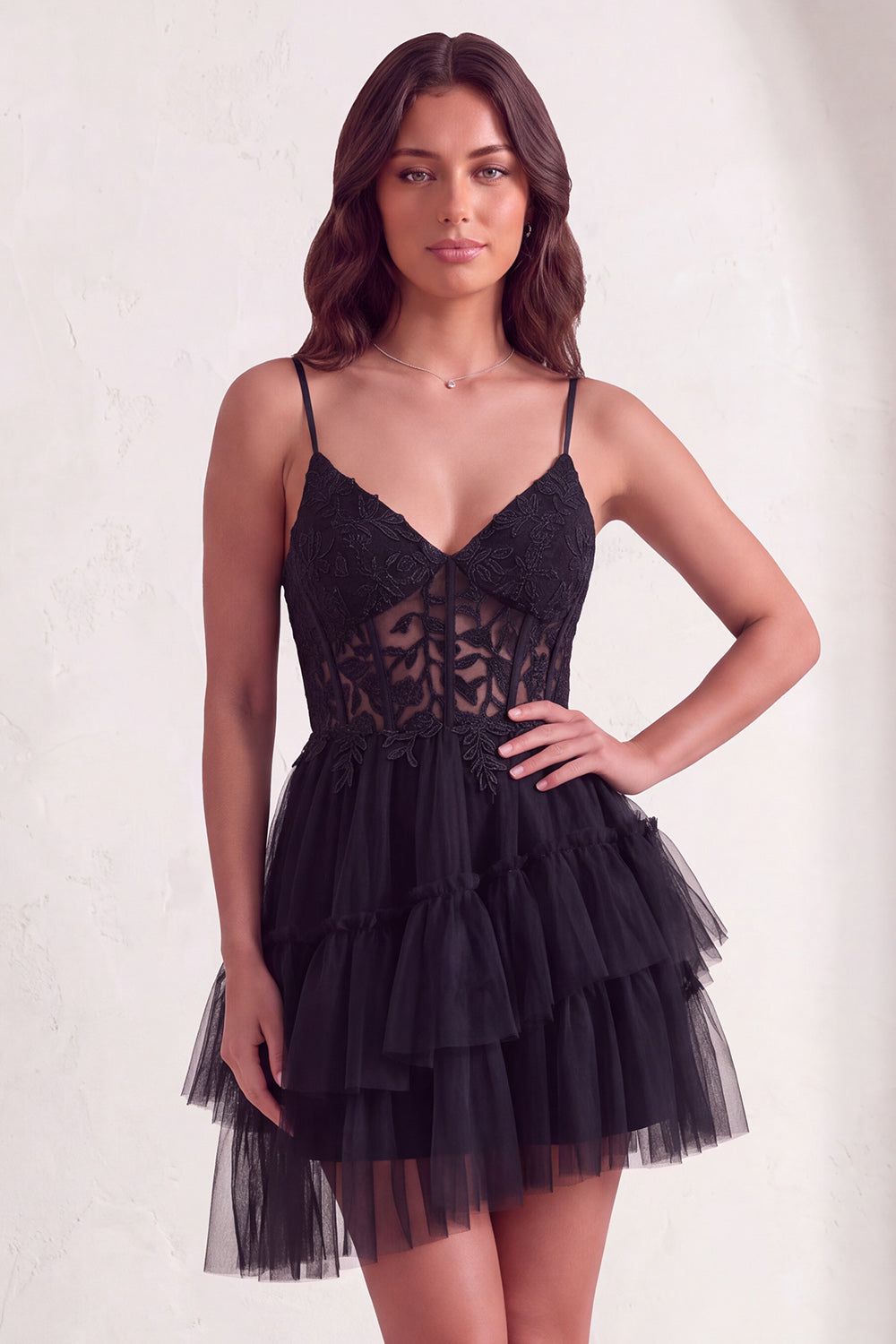 Black Corset V-Neck Tiered Tulle Short Homecoming Dress with Lace