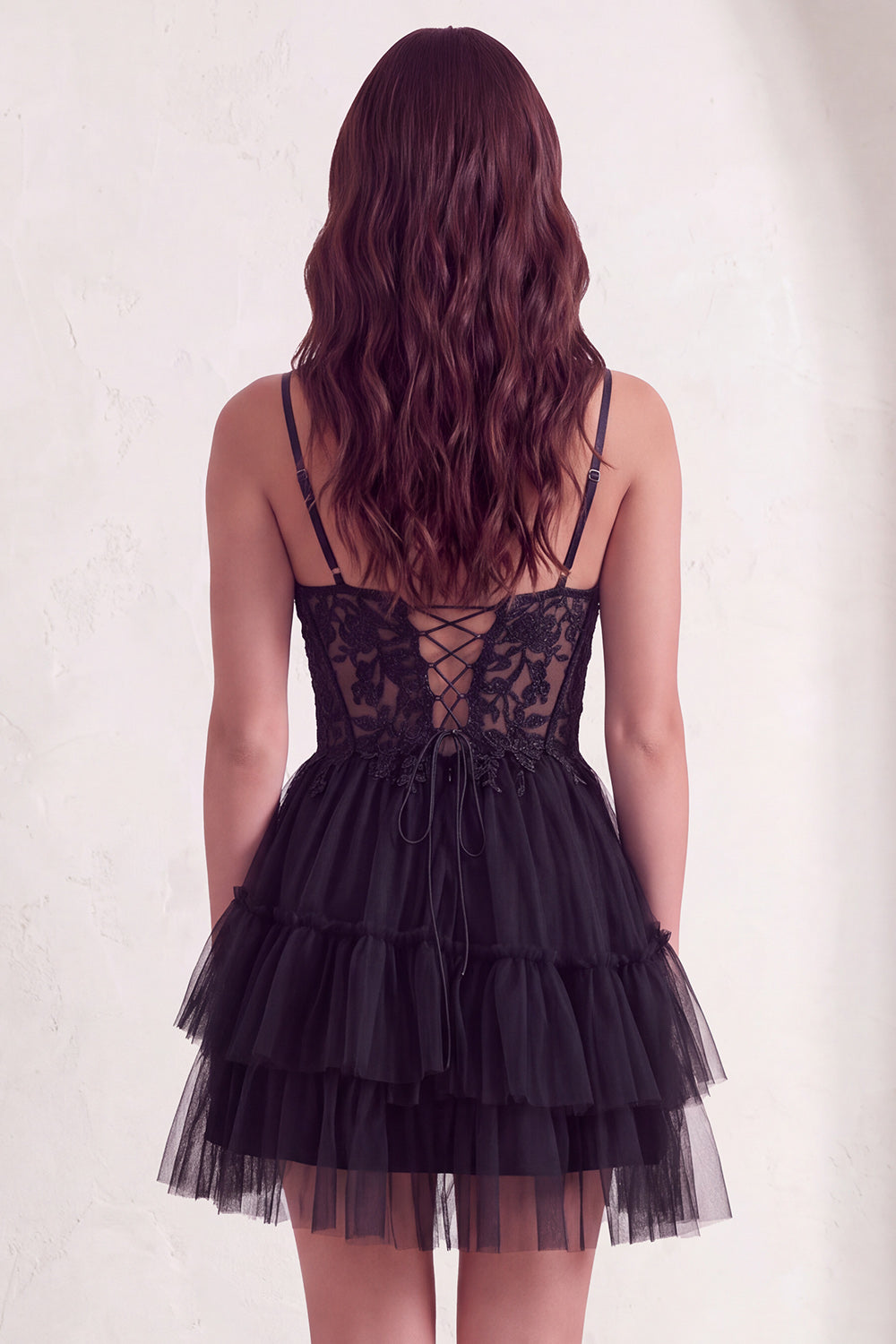 Black Corset V-Neck Tiered Tulle Short Homecoming Dress with Lace