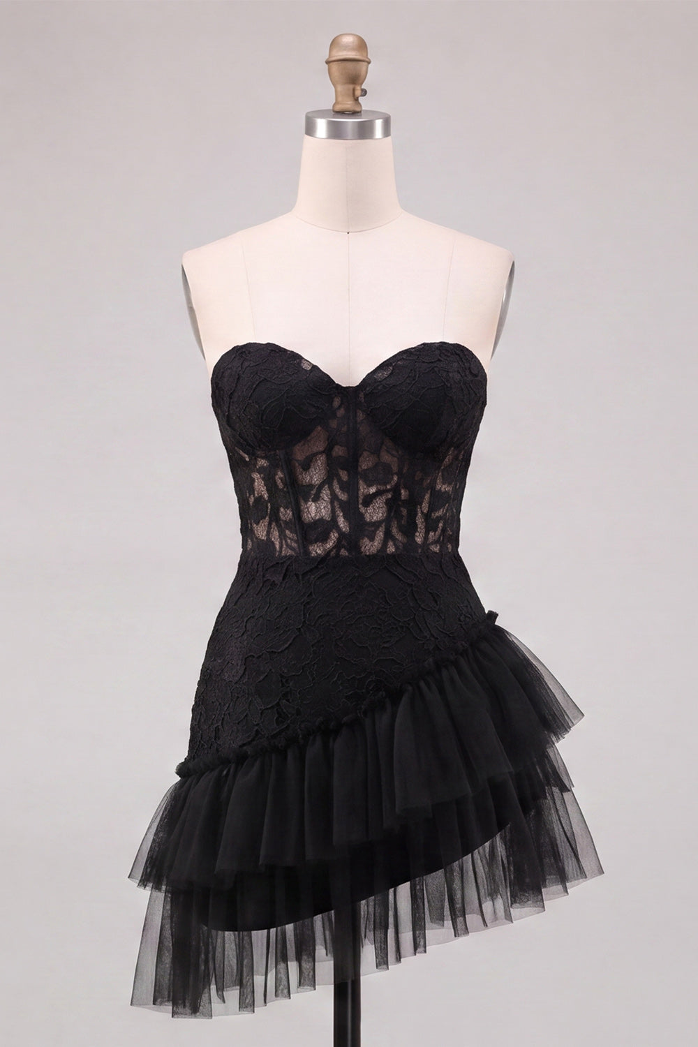 Black Corset Strapless Tiered Tulle Short Homecoming Dress with Lace