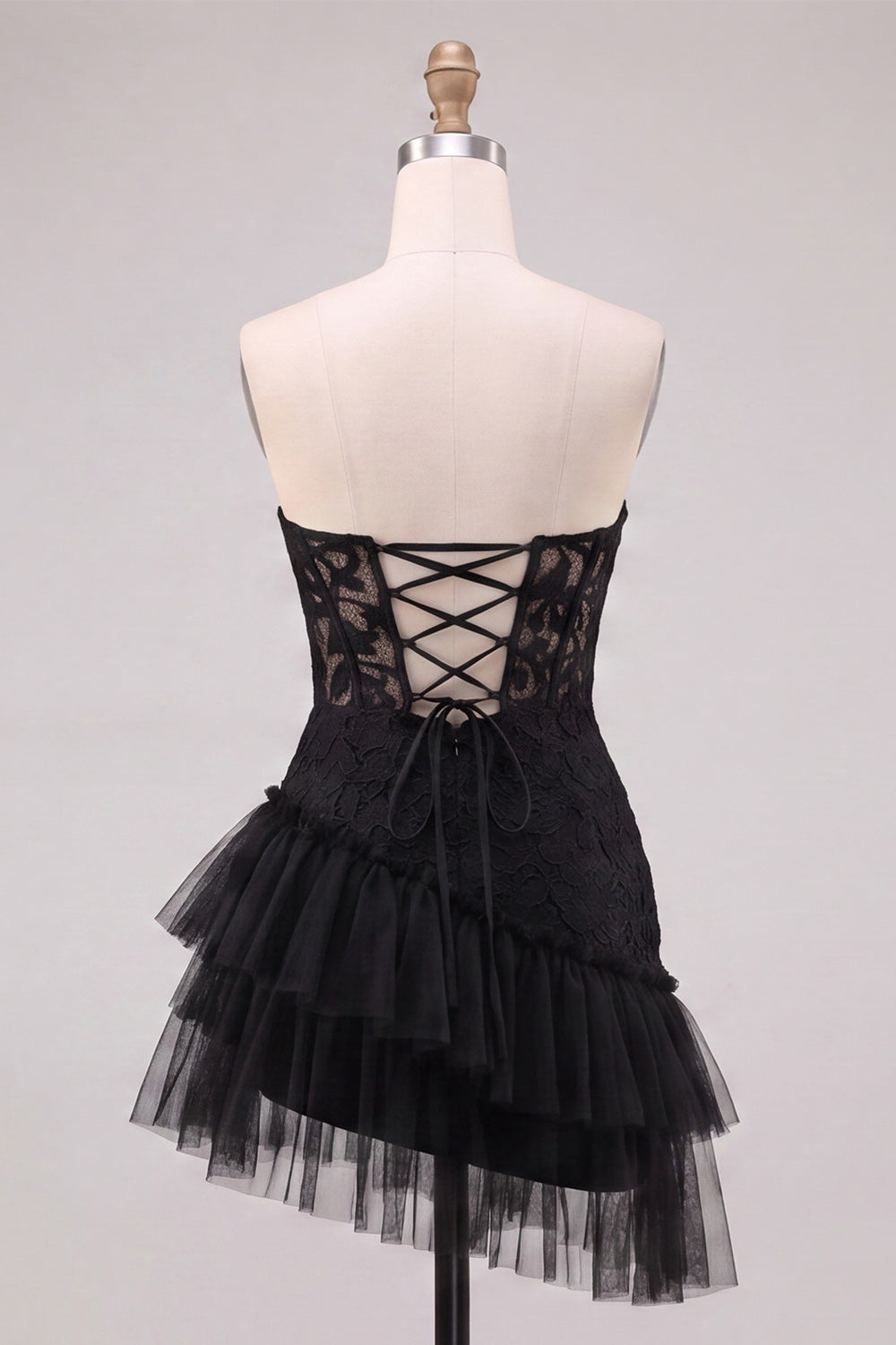 Black Corset Strapless Tiered Tulle Short Homecoming Dress with Lace