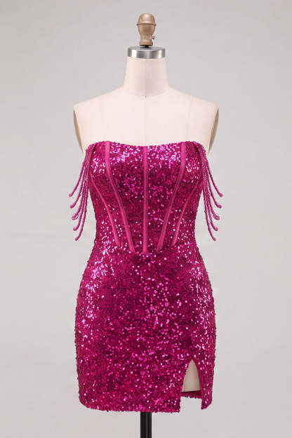 Fuchsia Sparkly Corset Sequins Off the Shoulder Short Homecoming Dress with Slit