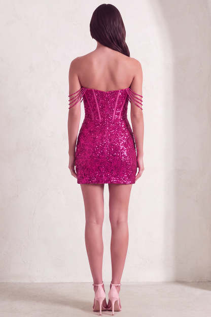 Fuchsia Sparkly Corset Sequins Off the Shoulder Short Homecoming Dress with Slit