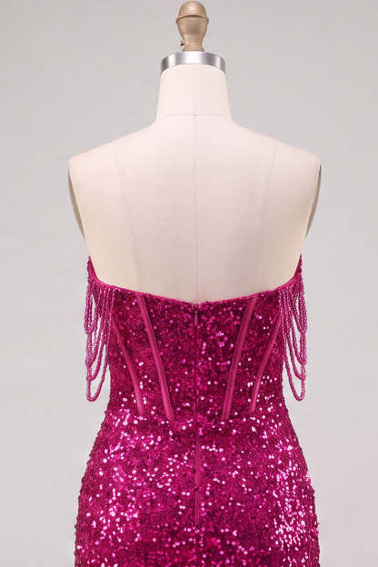 Fuchsia Sparkly Corset Sequins Off the Shoulder Short Homecoming Dress with Slit