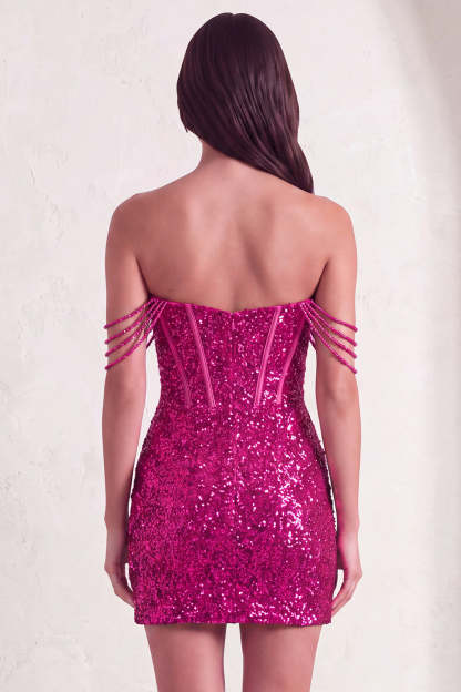 Fuchsia Sparkly Corset Sequins Off the Shoulder Short Homecoming Dress with Slit