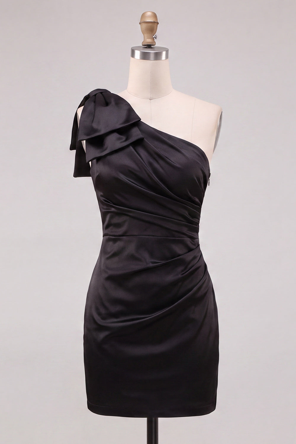 Black Bodycon One Shoulder Ruched Short Homecoming Dress with Bow