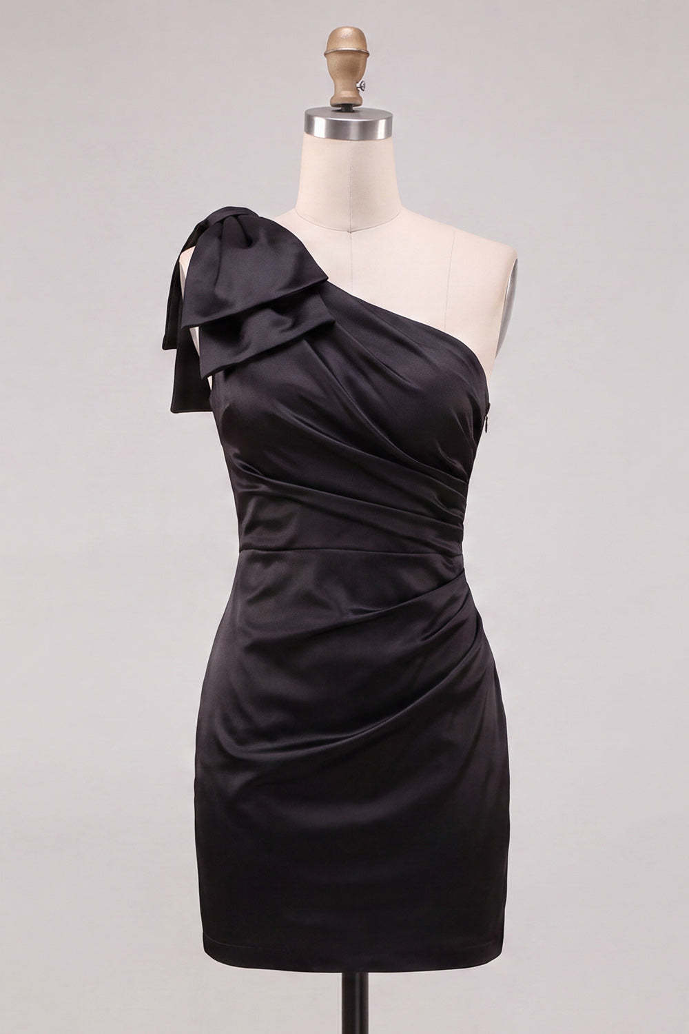 Black Bodycon One Shoulder Ruched Short Homecoming Dress with Bow