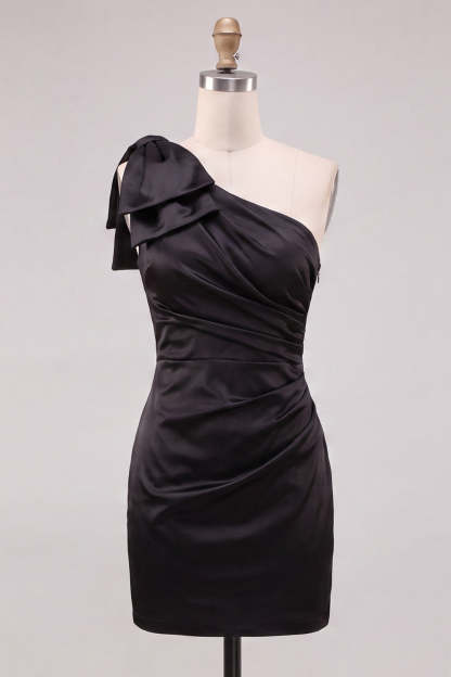 Black Bodycon One Shoulder Ruched Short Homecoming Dress with Bow