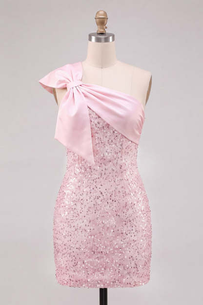 Sparkly Pink Sequins Bodycon One Shoulder Short Homecoming Dress with Bow