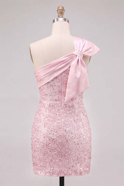 Sparkly Pink Sequins Bodycon One Shoulder Short Homecoming Dress with Bow
