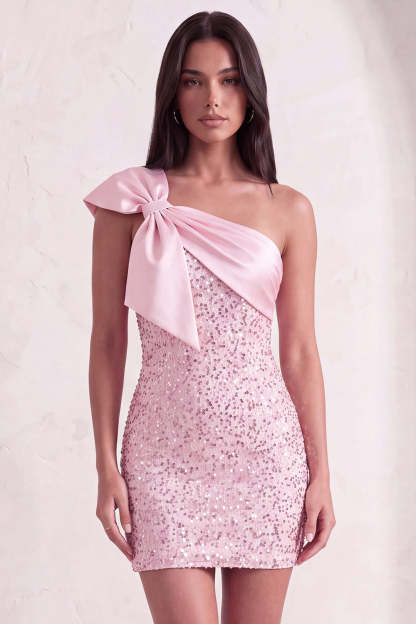 Leely Women Pink Short Sparkly Sequins Homecoming Dress Bodycon One Shoulder Cocktail Dress with Bow