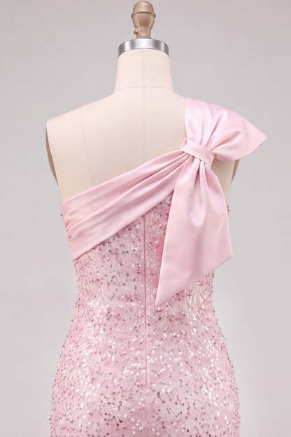 Sparkly Pink Sequins Bodycon One Shoulder Short Homecoming Dress with Bow