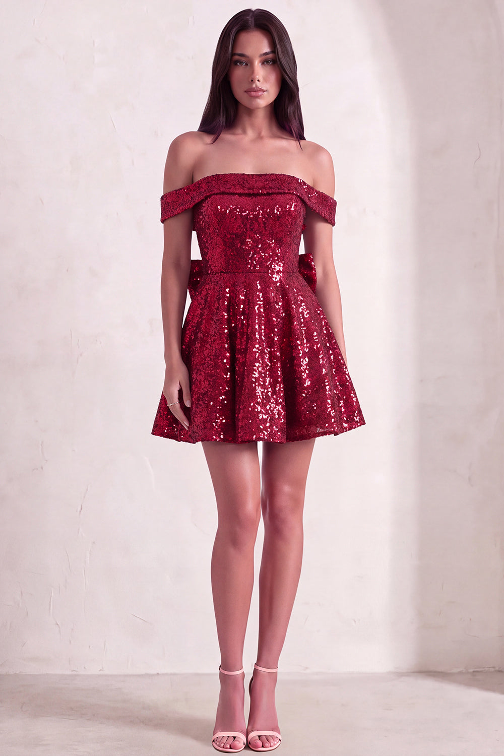 Sparkly Red Sequins Off the Shoulder A-Line Short Homecoming Dress with Bow