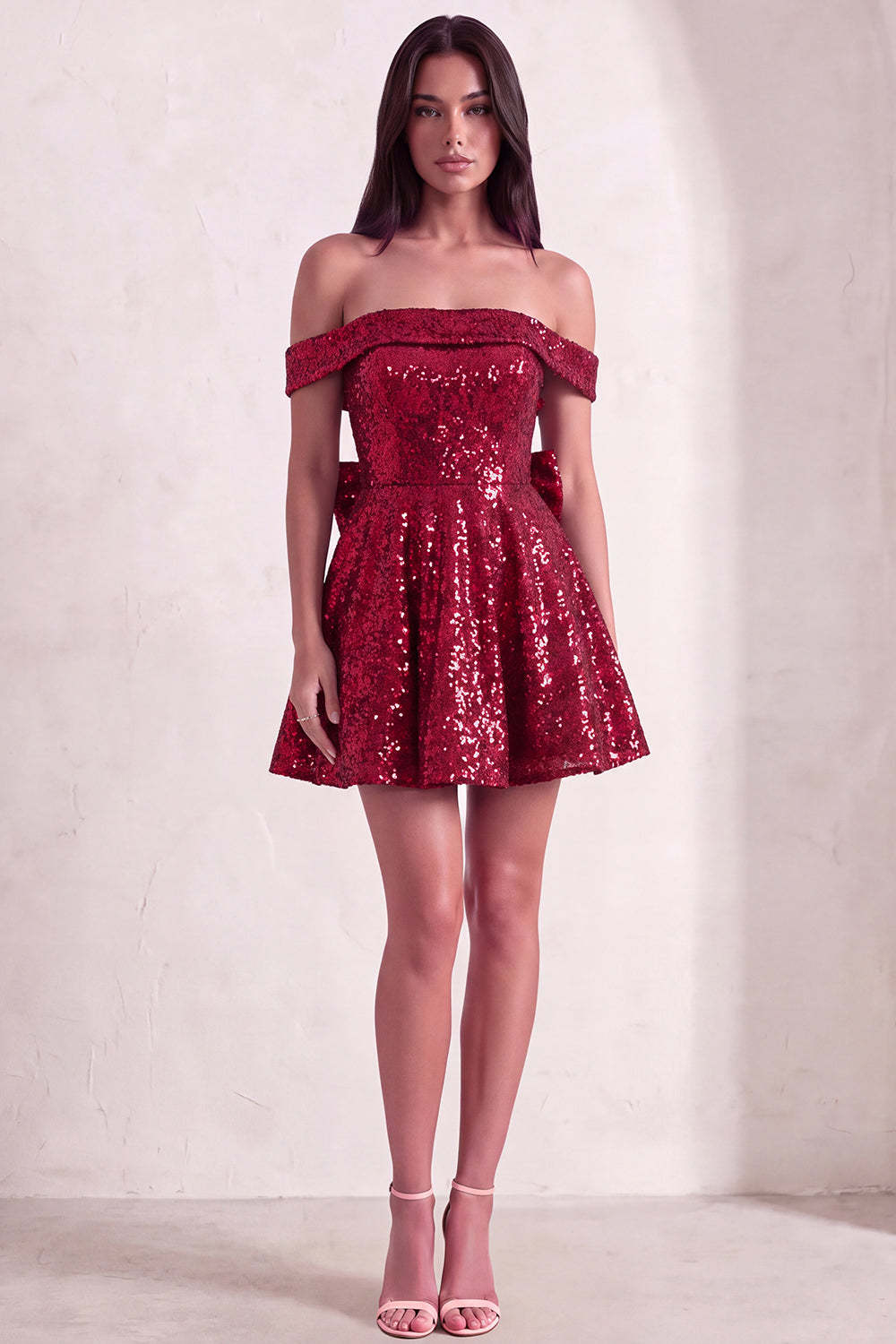 Sparkly Red Sequins Off the Shoulder A-Line Short Homecoming Dress with Bow