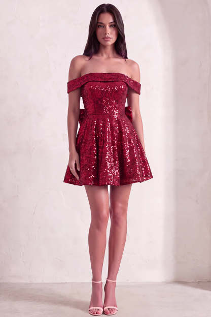 Sparkly Red Sequins Off the Shoulder A-Line Short Homecoming Dress with Bow